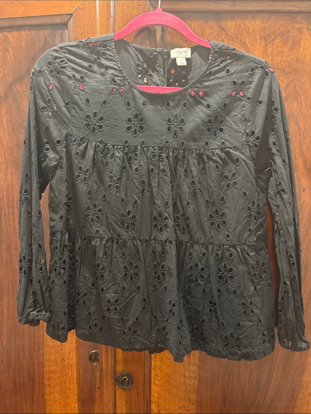 J. Crew Black Eyelet Tiered Peasant Top